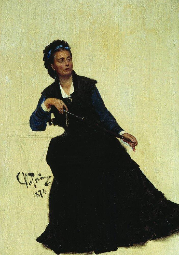 Илья Репин. Дама, играющая зонтиком. Портрет женщины в черном платье,  живопись, фото, картина